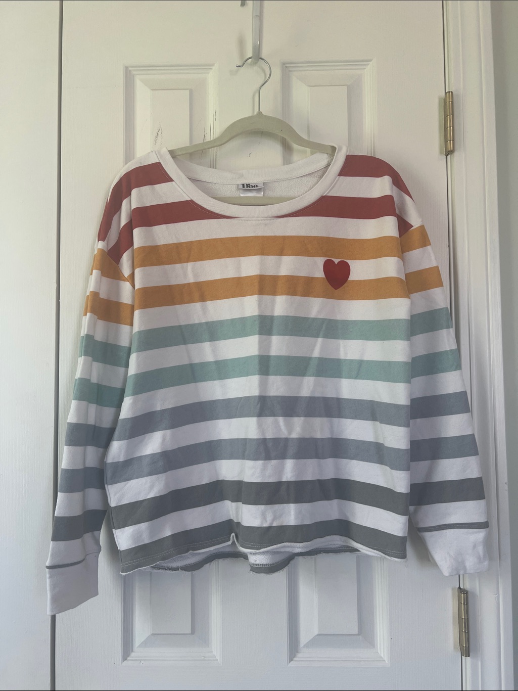 Striped Crewneck Sweatshirt With Heart Detail - White Multi